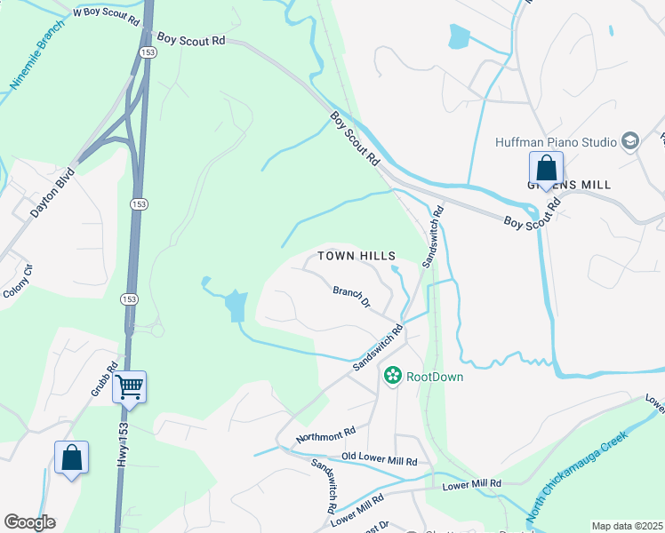 map of restaurants, bars, coffee shops, grocery stores, and more near 6701 Glade View Lane in Chattanooga