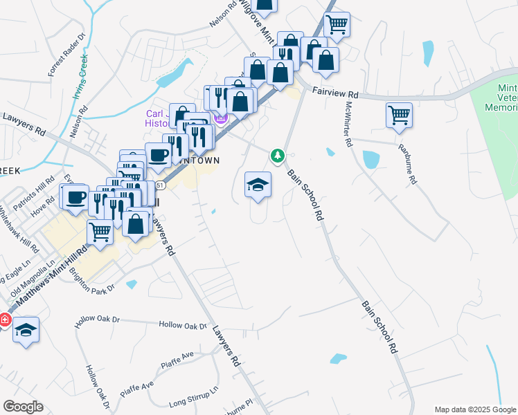 map of restaurants, bars, coffee shops, grocery stores, and more near 11540 Bain School Road in Mint Hill