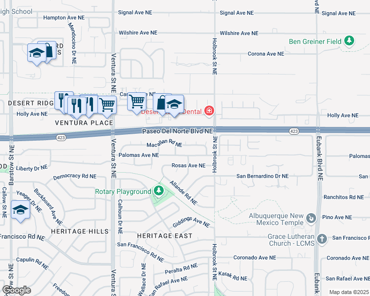 map of restaurants, bars, coffee shops, grocery stores, and more near 9516 Macallan Road Northeast in Albuquerque