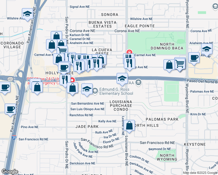 map of restaurants, bars, coffee shops, grocery stores, and more near 6800 Paseo Del Norte Boulevard Northeast in Albuquerque