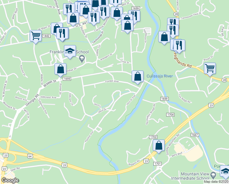 map of restaurants, bars, coffee shops, grocery stores, and more near 110 Ulco Bluffs Drive in Franklin