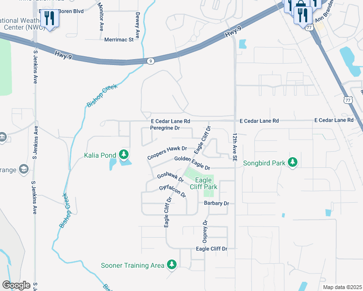 map of restaurants, bars, coffee shops, grocery stores, and more near 828 Hawks Nest Drive in Norman