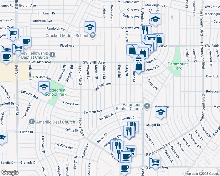 map of restaurants, bars, coffee shops, grocery stores, and more near 4601-4699 Southwest 36th Avenue in Amarillo