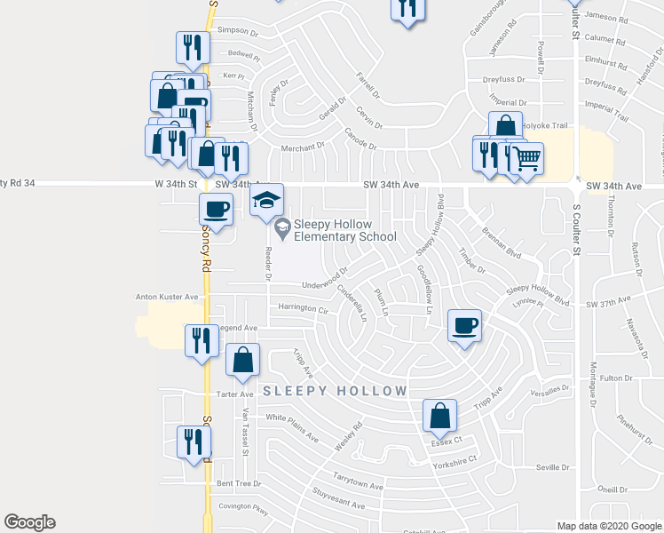 map of restaurants, bars, coffee shops, grocery stores, and more near 3441 Cinderella Lane in Amarillo