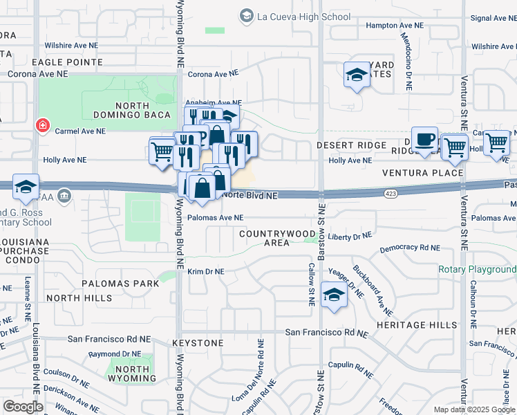 map of restaurants, bars, coffee shops, grocery stores, and more near 99999 Palomas Avenue Northeast in Albuquerque