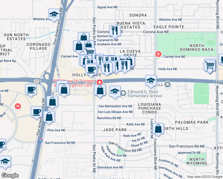 map of restaurants, bars, coffee shops, grocery stores, and more near 6441 Palomas Avenue Northeast in Albuquerque
