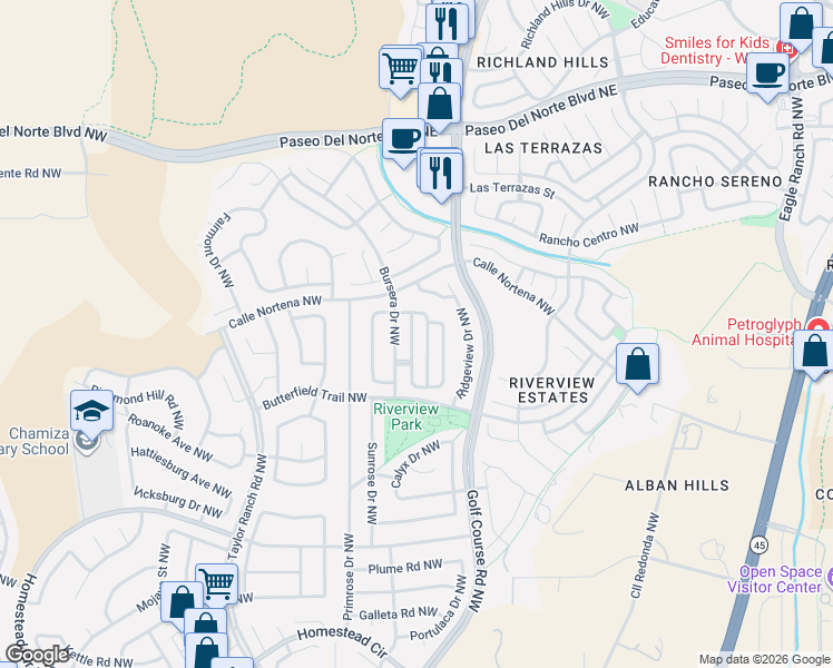 map of restaurants, bars, coffee shops, grocery stores, and more near 7817 Juneberry Street Northwest in Albuquerque