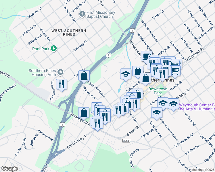 map of restaurants, bars, coffee shops, grocery stores, and more near 350 West Illinois Avenue in Southern Pines