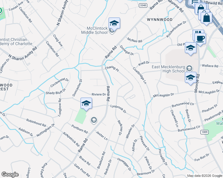 map of restaurants, bars, coffee shops, grocery stores, and more near 1412 Rama Road in Charlotte
