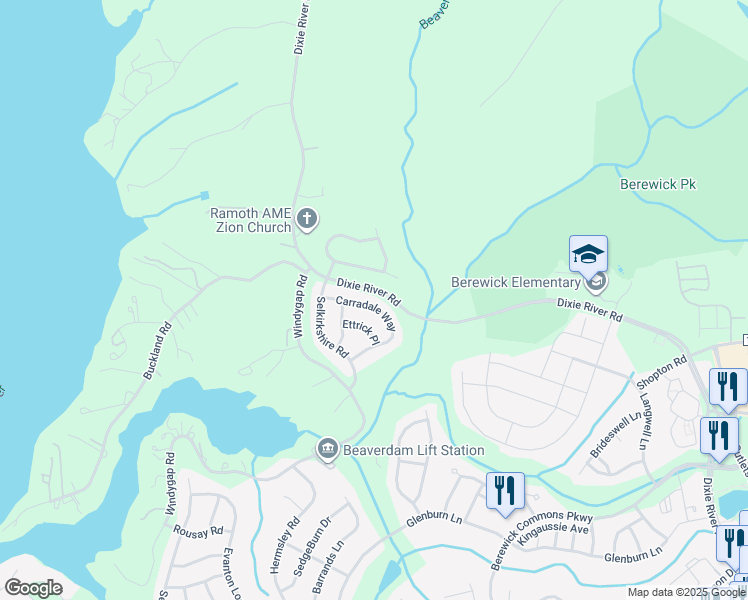 map of restaurants, bars, coffee shops, grocery stores, and more near 6816 Carradale Way in Charlotte