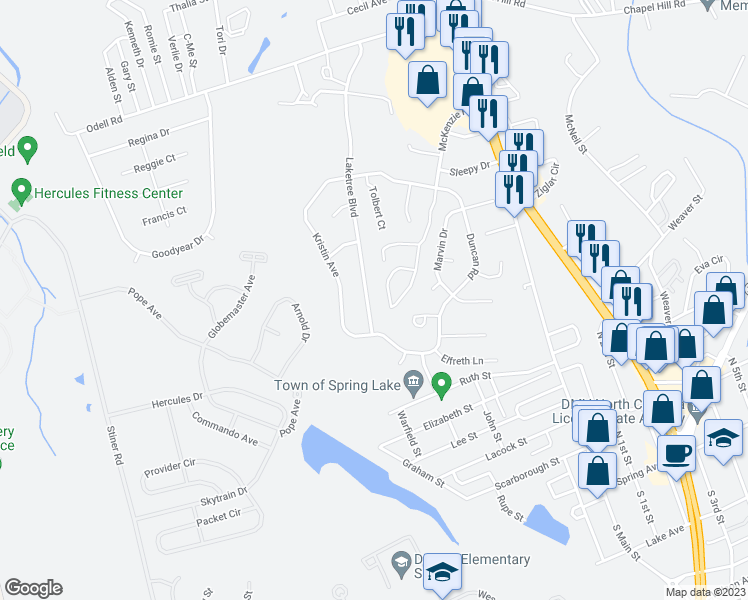 map of restaurants, bars, coffee shops, grocery stores, and more near 319 Laketree Boulevard in Spring Lake