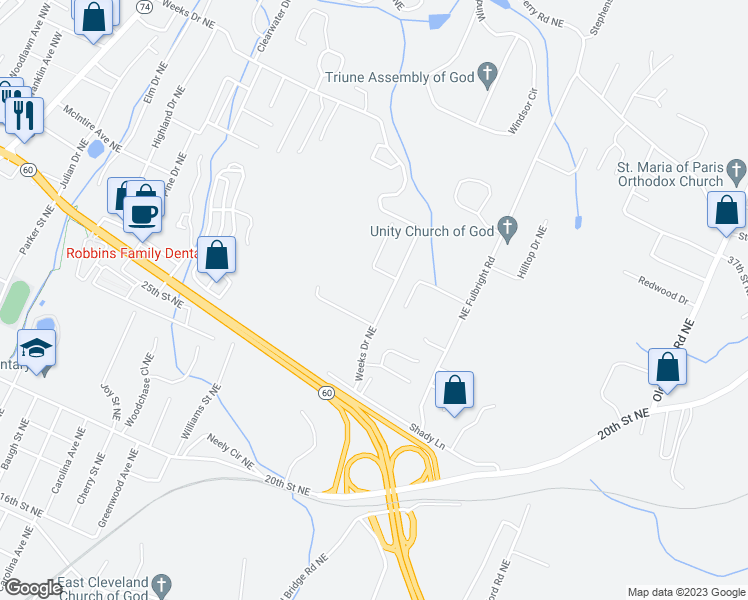 map of restaurants, bars, coffee shops, grocery stores, and more near 1384 Weeks Drive Northeast in Cleveland