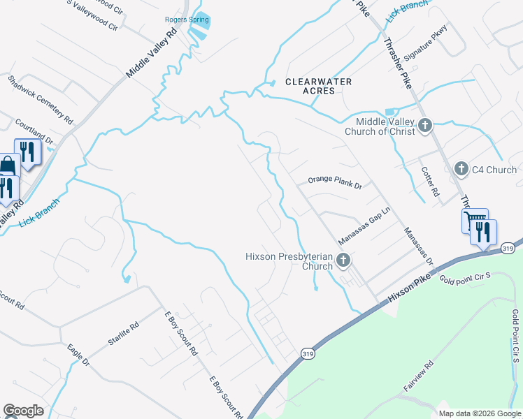 map of restaurants, bars, coffee shops, grocery stores, and more near 1128 Little Sorrel Road in Middle Valley