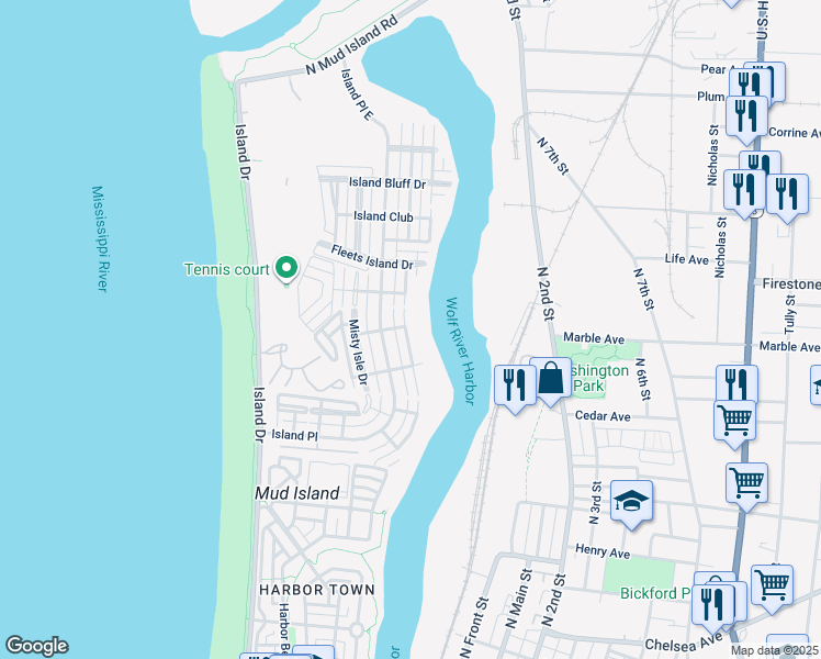 map of restaurants, bars, coffee shops, grocery stores, and more near 1212 Harbor River Drive in Memphis