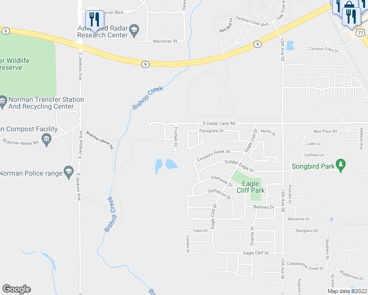 map of restaurants, bars, coffee shops, grocery stores, and more near 3628 Peregrine Drive in Norman