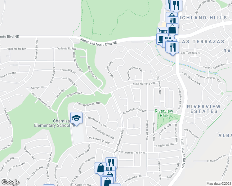 map of restaurants, bars, coffee shops, grocery stores, and more near 4932 Wagon Mound Trail Northwest in Albuquerque