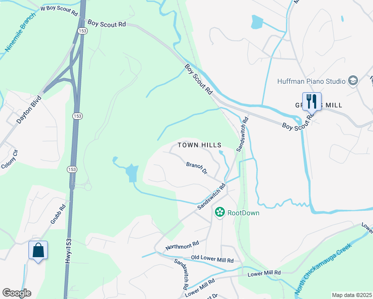 map of restaurants, bars, coffee shops, grocery stores, and more near 6701 Glade View Lane in Chattanooga