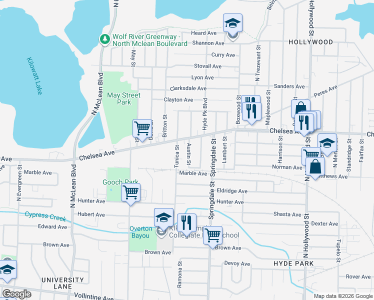 map of restaurants, bars, coffee shops, grocery stores, and more near 1360 Tunica Street in Memphis