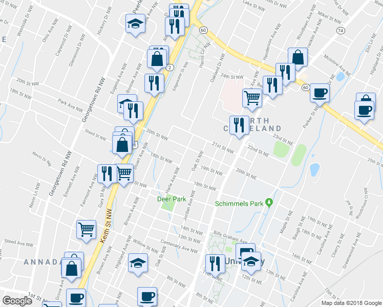 map of restaurants, bars, coffee shops, grocery stores, and more near 461 20th St NW in Cleveland