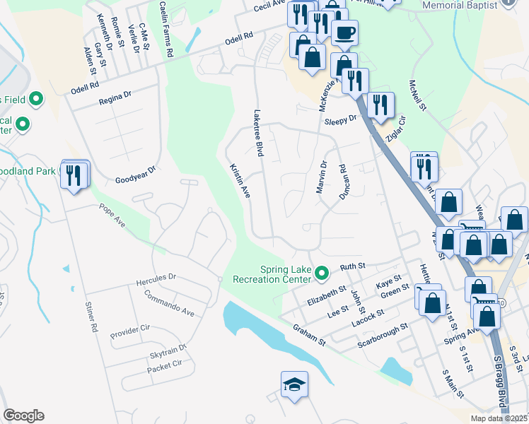 map of restaurants, bars, coffee shops, grocery stores, and more near 316 Laketree Boulevard in Spring Lake
