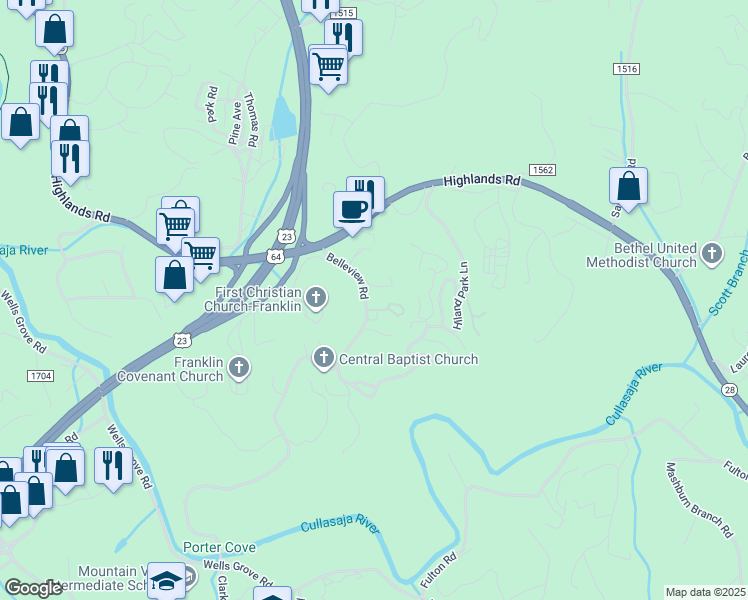 map of restaurants, bars, coffee shops, grocery stores, and more near 66 Belleview Oak Circle in Franklin
