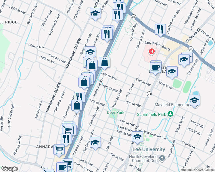 map of restaurants, bars, coffee shops, grocery stores, and more near 580 18th Street Northwest in Cleveland
