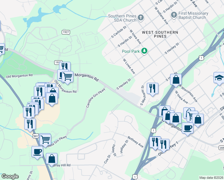 map of restaurants, bars, coffee shops, grocery stores, and more near 2482 West Morganton Road in Southern Pines