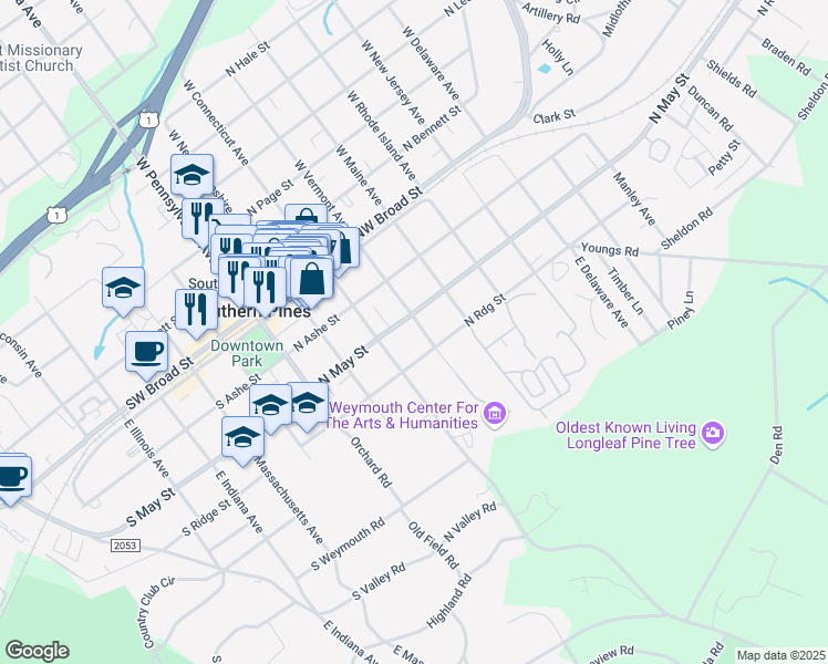 map of restaurants, bars, coffee shops, grocery stores, and more near 350 E Vermont Ave in Southern Pines