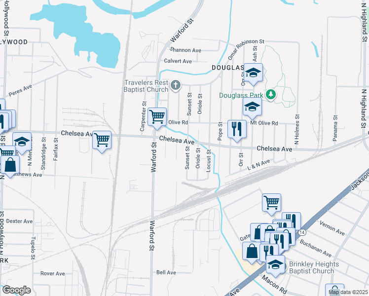 map of restaurants, bars, coffee shops, grocery stores, and more near 1499 Sunset Street in Memphis