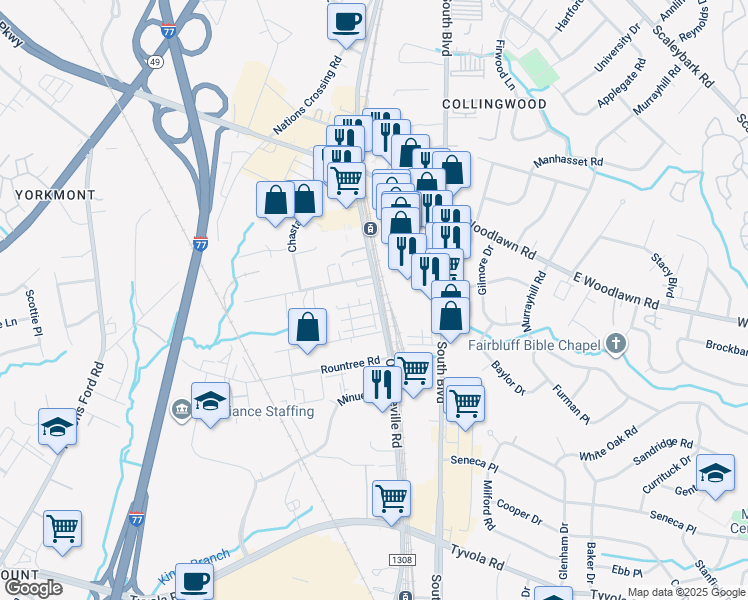 map of restaurants, bars, coffee shops, grocery stores, and more near 4901 Old Pineville Road in Charlotte