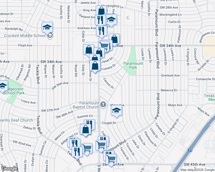 map of restaurants, bars, coffee shops, grocery stores, and more near 3610 Carson Drive in Amarillo