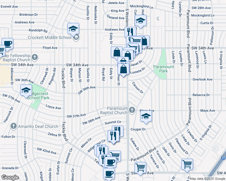 map of restaurants, bars, coffee shops, grocery stores, and more near 3603 Eddy Street in Amarillo