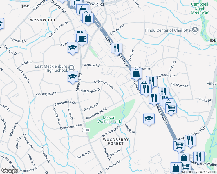 map of restaurants, bars, coffee shops, grocery stores, and more near 915 Eaglewood Avenue in Charlotte