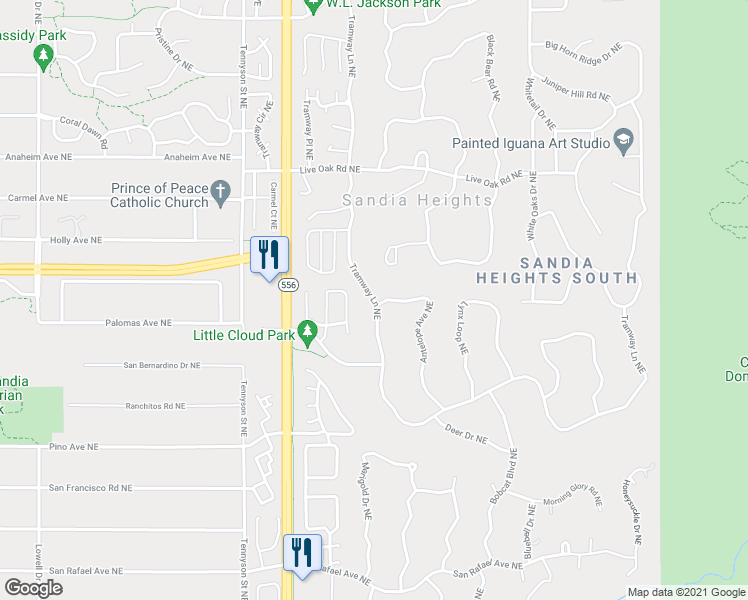 map of restaurants, bars, coffee shops, grocery stores, and more near 897 Tramway Lane Northeast in Albuquerque