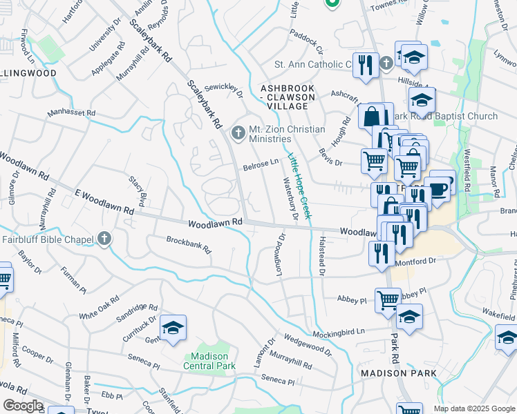 map of restaurants, bars, coffee shops, grocery stores, and more near 1221 Scaleybark Road in Charlotte