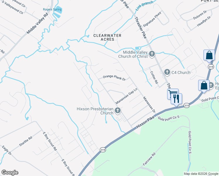 map of restaurants, bars, coffee shops, grocery stores, and more near 6711 Dove Field Road in Middle Valley