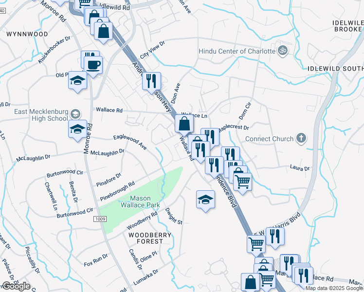 map of restaurants, bars, coffee shops, grocery stores, and more near 6316 East Independence Expressway in Charlotte