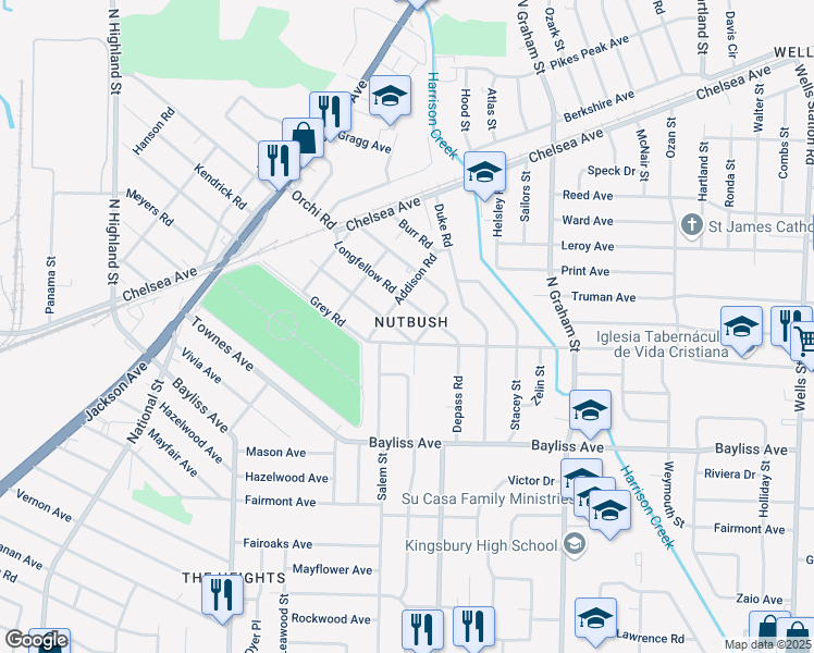 map of restaurants, bars, coffee shops, grocery stores, and more near 3812 Whittier Road in Memphis