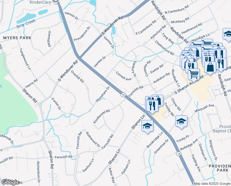 map of restaurants, bars, coffee shops, grocery stores, and more near 2600 Providence Road in Charlotte