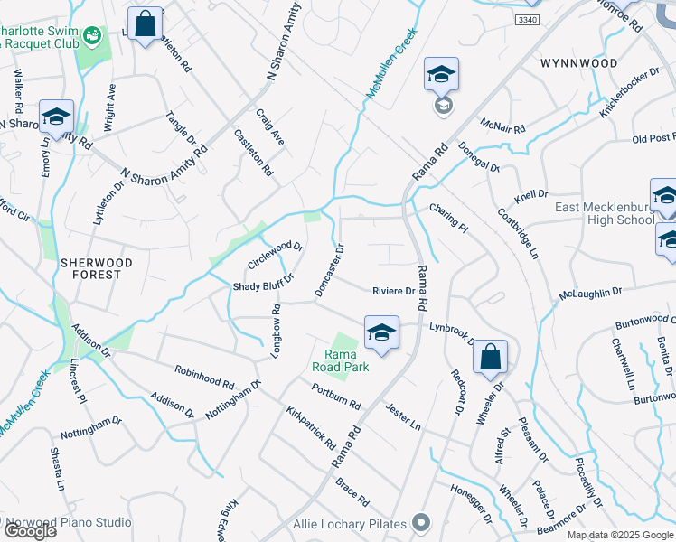map of restaurants, bars, coffee shops, grocery stores, and more near 5601 Riviere Drive in Charlotte