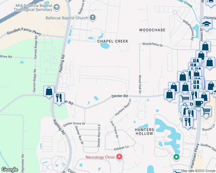 map of restaurants, bars, coffee shops, grocery stores, and more near 1766 Chapel Creek Cove in Memphis