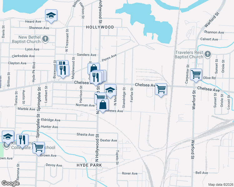 map of restaurants, bars, coffee shops, grocery stores, and more near 1374 North Merton Street in Memphis