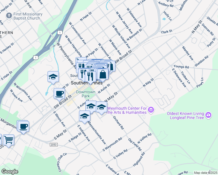 map of restaurants, bars, coffee shops, grocery stores, and more near 235 North Ashe Street in Southern Pines