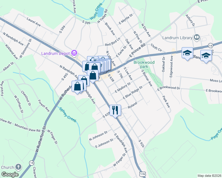 map of restaurants, bars, coffee shops, grocery stores, and more near 303 South Shamrock Avenue in Landrum