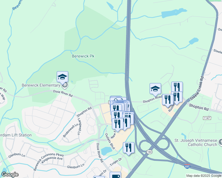map of restaurants, bars, coffee shops, grocery stores, and more near 5500 Shopton Road in Charlotte