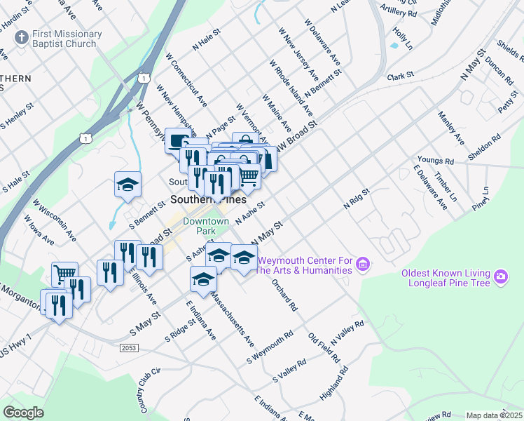 map of restaurants, bars, coffee shops, grocery stores, and more near 235 North Ashe Street in Southern Pines