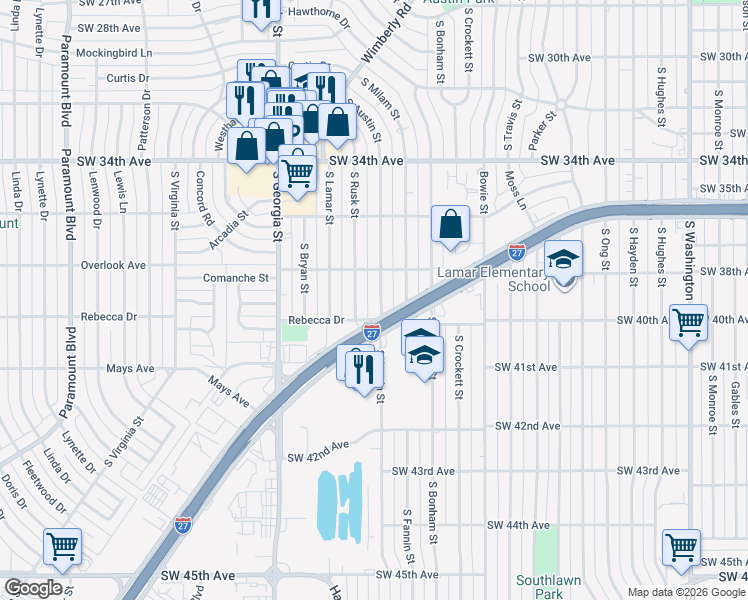 map of restaurants, bars, coffee shops, grocery stores, and more near 3610 South Austin Street in Amarillo