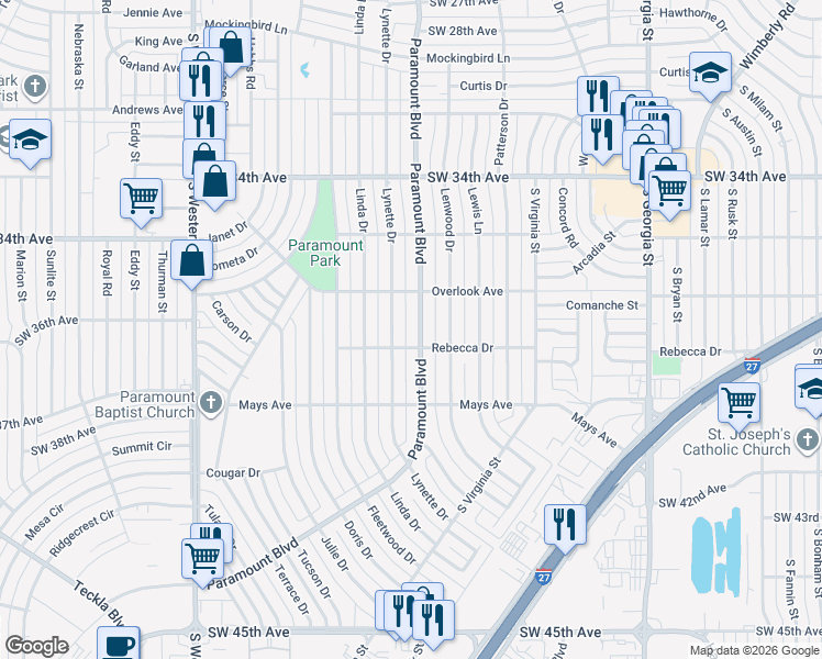 map of restaurants, bars, coffee shops, grocery stores, and more near 3610 Paramount Boulevard in Amarillo
