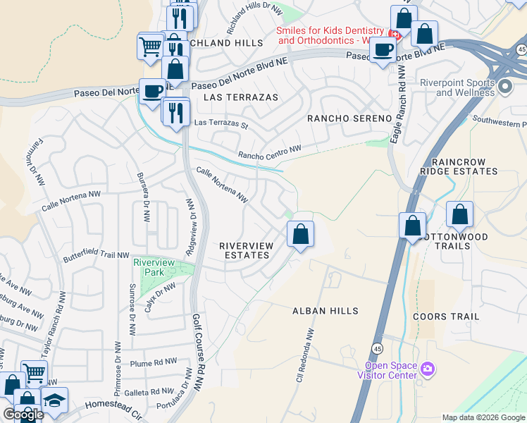 map of restaurants, bars, coffee shops, grocery stores, and more near 4148 Rancho Alegre Road Northwest in Albuquerque