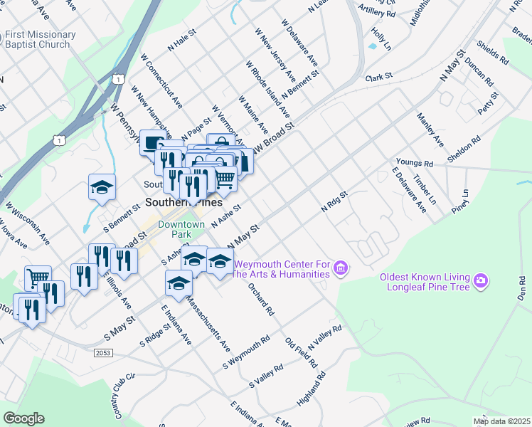 map of restaurants, bars, coffee shops, grocery stores, and more near 310 North May Street in Southern Pines